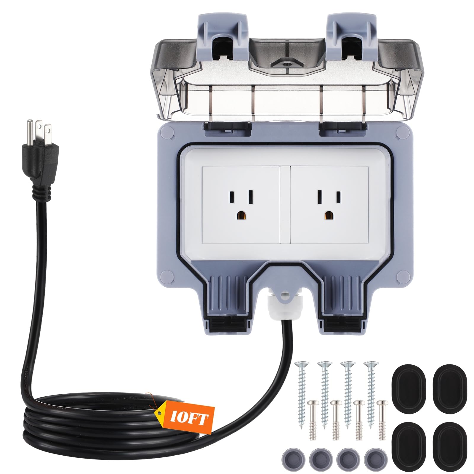 Kanayu 10 ft Outdoor Outlet Box with Extension Cord, Dual 15 AMP 5-15 Receptacles Weatherproof Waterproof IP66 Outdoor Exterior Socket with Cover, 14 AWG/3C SJTW Cord