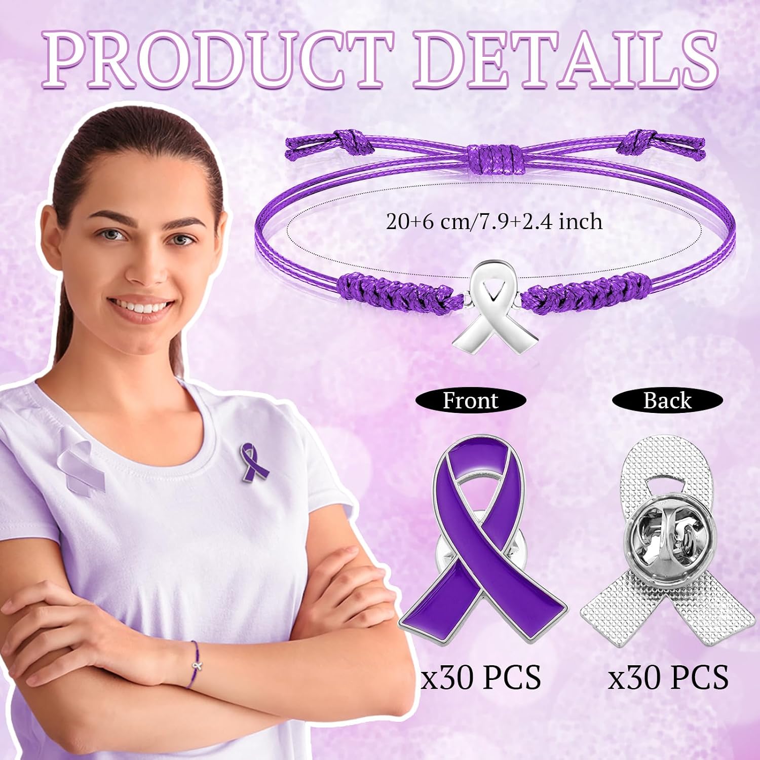 Ecation 60/120 Pcs Purple Pancreatic Cancer Awareness Supplies Include Bracelets and Ribbon Pins for Epilepsy Domestic Gifts