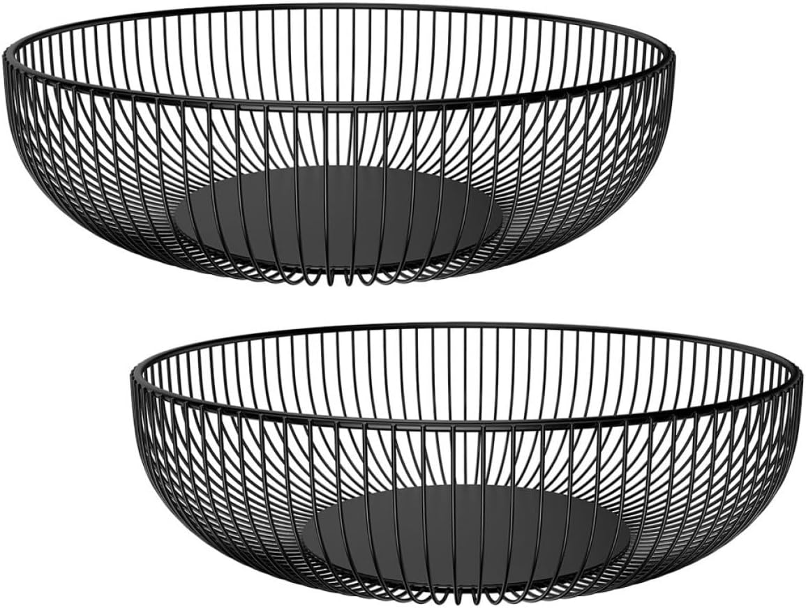 Alipis 2pcs Black Iron Wire Fruit Basket Set with Irregular Edge, Metal Countertop Storage Bowls for Fruit, Snacks, and Kitchen Dining Organizer