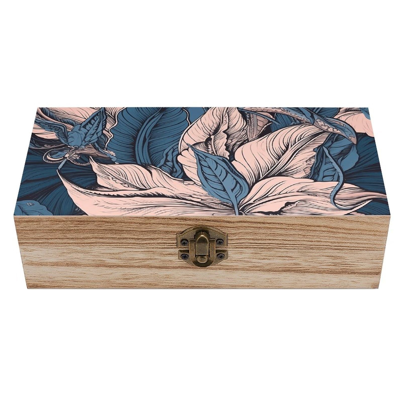 HLBSDM Vintage Wooden Storage Box Peach And Blue Leaves Keepsake Box for Jewelry Photos Letters Elegant Desktop Organizer for Home Office Decor