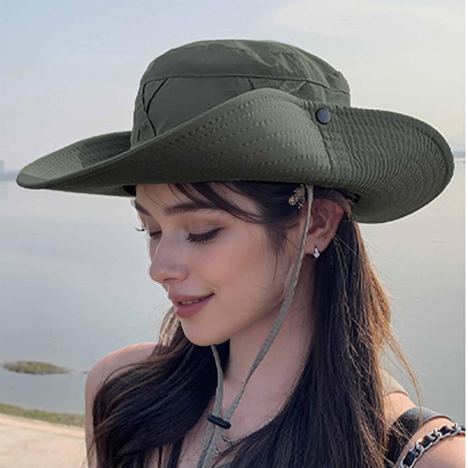 Feng Shui， Outdoor-Eimerhut für Damen – atmungsaktiver Sonnenhut mit breiter Krempe und UV-Schutz, verstellbarem Riemen und Kreuzband-Design