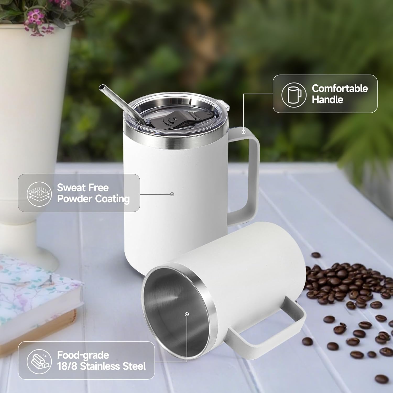 Volhoply 16oz Insulated Coffee Mug with Lid and Straw, Stainless Steel Travel Mugs with Handle, Double Wall Vacuum Leak Proof Coffee Tumbler Cup (White,1) - Image 4