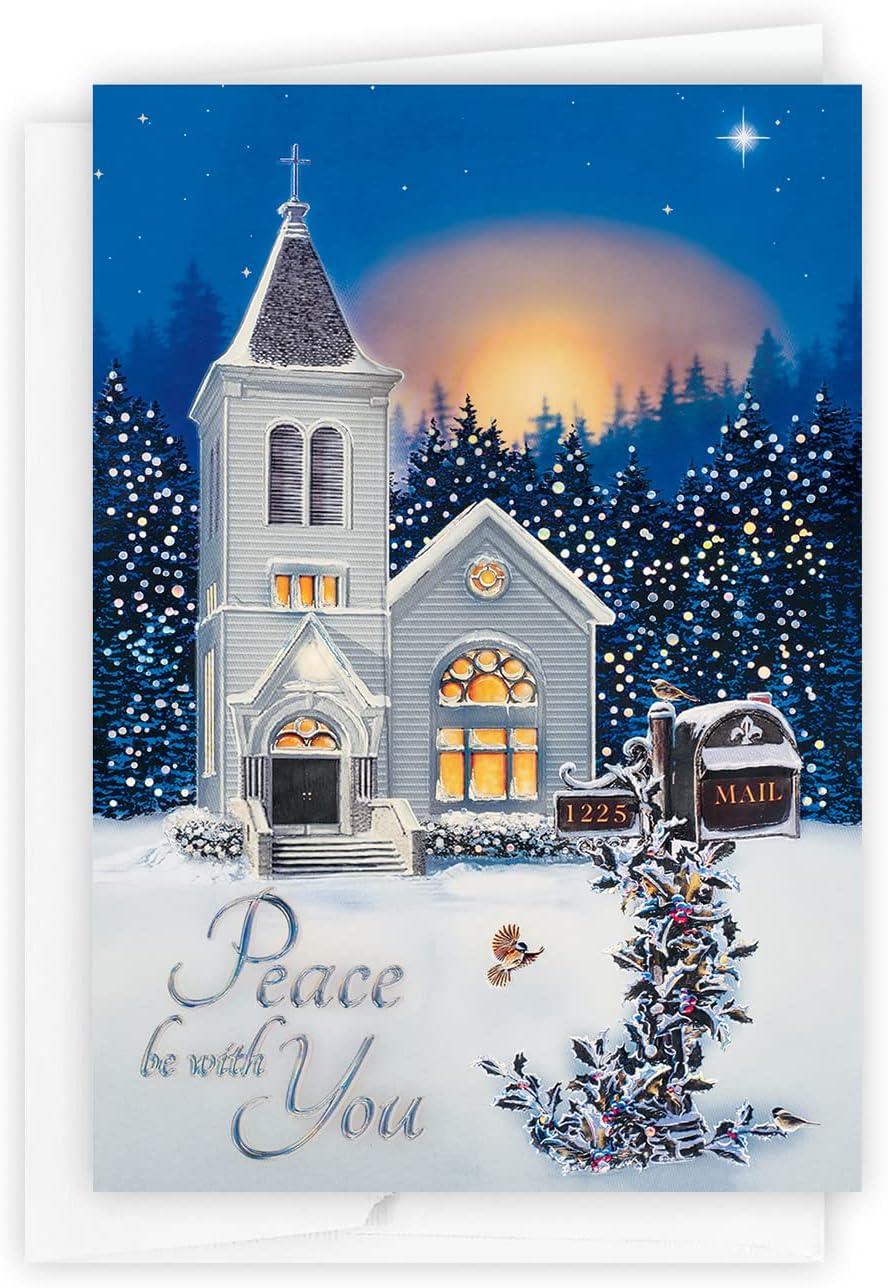 The Gallery Collection, 25 Count Card Pack, Religious Christmas Cards with Foil Lined Envelopes (Moonlit Church), For Business or Consumer