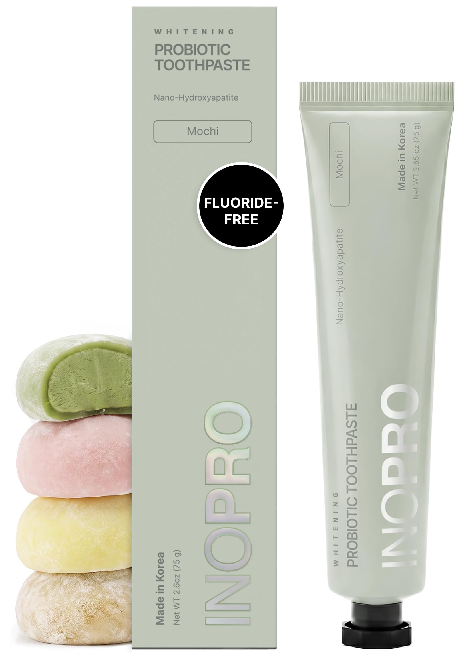 INOPRO Nano-Hydroxyapatite Whitening Toothpaste with Probiotic for Sensitive Teeth, Fluoride Free Enamel Support Toothpaste - Xylitol, Baking Soda, Coconut Oil - Mochi, 2.65oz