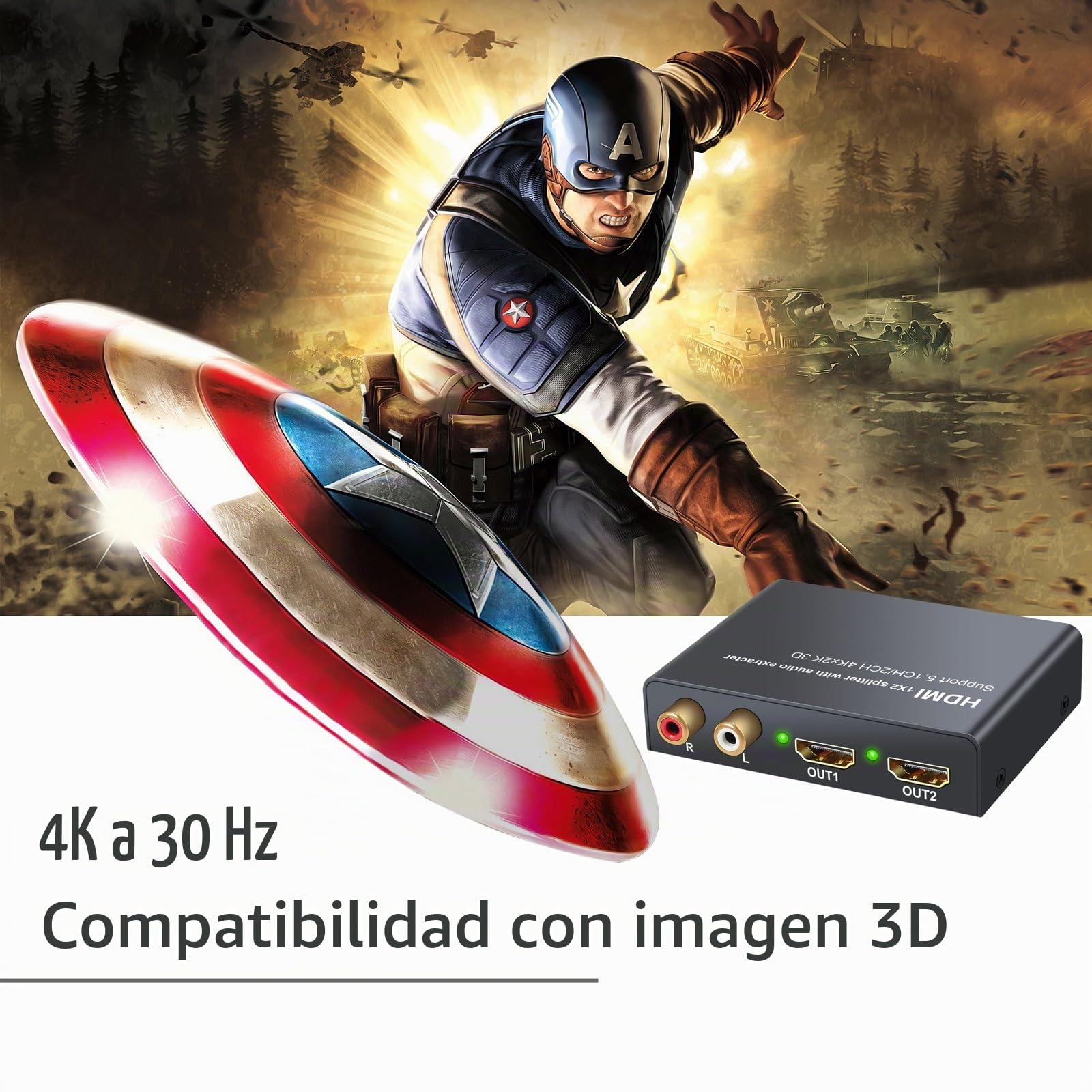 LiNKFOR Extractor de Audio 4Kx2K HDMI Soporte 2CH / 5.1CH 3D Convertidor HDMI a SPDIF Óptico Toslink Conversor Digital a Analógico RCA R/L Divisor HDMI de 2 Vías para BLU-Ray DVD Sky PS3 PS4