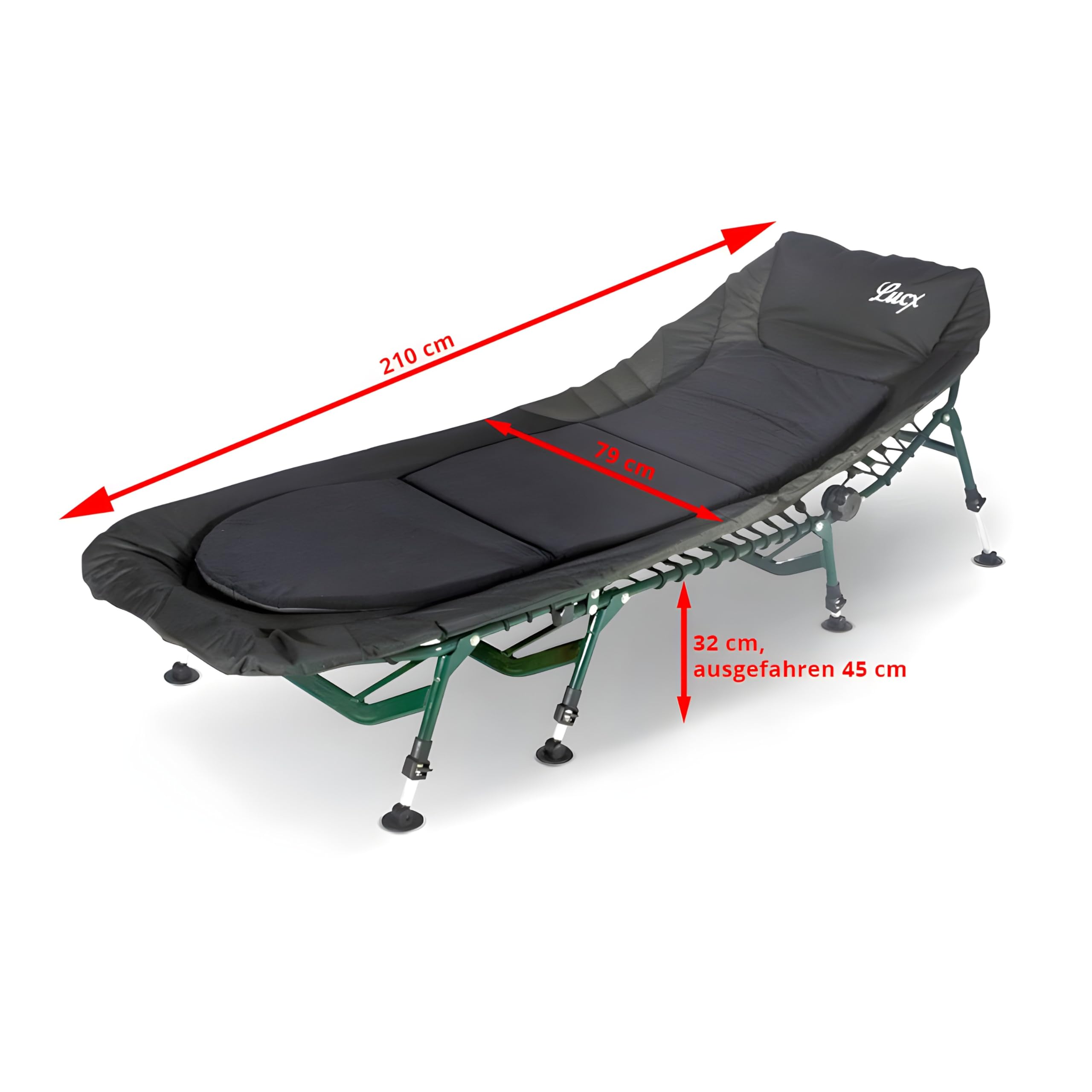 Lucx Komfort Bedchair - 8-Bein Angelliege mit Matratze & Thermobezug - stabile, höhenverstellbare Karpfenliege 210x85 cm - Gartenliege & Campingliege inkl. Kopfkissen