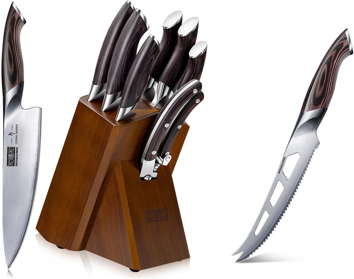 HOSHANHO Cheese Knife 5 Inch & 8-Piece Kitchen Knife Set, Japanese High Carbon Super Steel Knife Sets with Block, Professional Ultra Sharp Chef Knife Set with Scissors