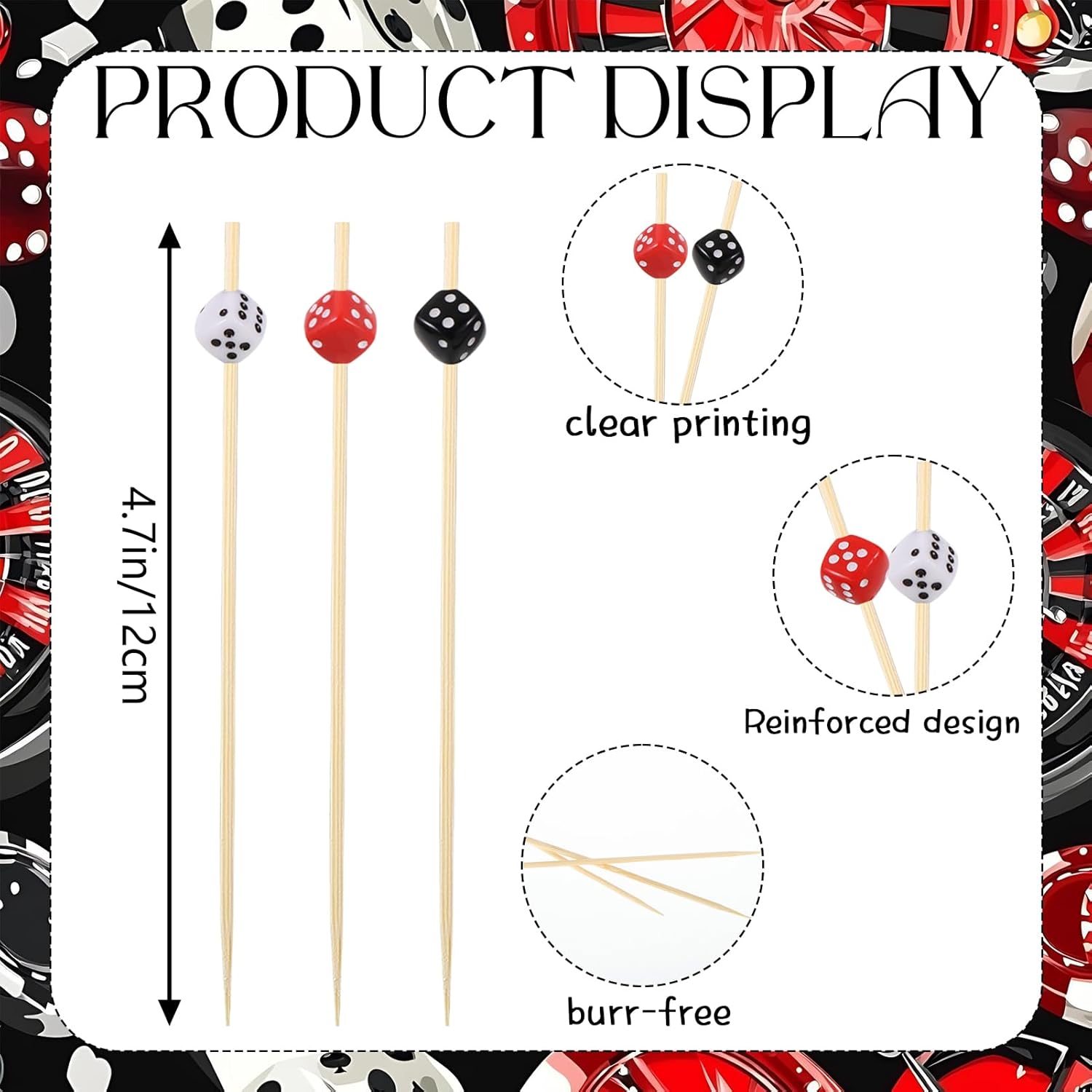 200Pcs Dice Cocktail Picks,4.7 Inch Casino Poker Toothpicks for Las Vegas Night Decorations Bunco Night Party Supplies,Style A