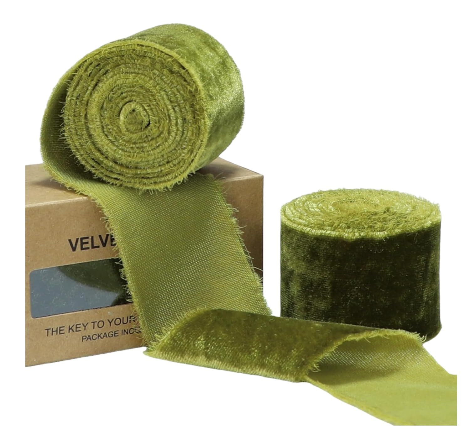 3 Pcs Velvet Ribbon, 1.5 Inch x 1.5 Yds Handmade Frayed Raw Edge Silk Ribbons Craft for Christmas Wedding Home Decor(Olive Green)