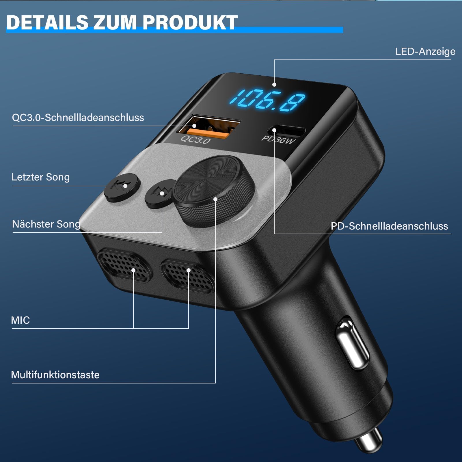 Adapter Bluetooth do samochodu, nadajnik FM - Bluetooth 5.3 zestaw głośnomówiący, ładowarka PD36W USB-C & QC3.0, adapter Bluetooth do samochodu z wyświetlaczem napięcia dla iPhone, Android Autoradio