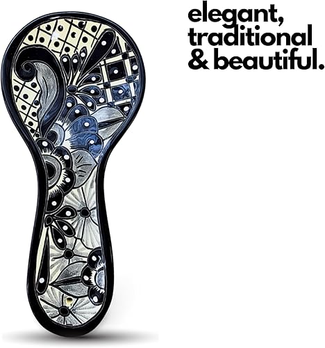 Miniatura 7 de Cuchara de cerámica - Talavera pintada a mano - Estilo mexicano - Decoración del hogar en blanco y negro - Cuchara Floral BlancoNegro