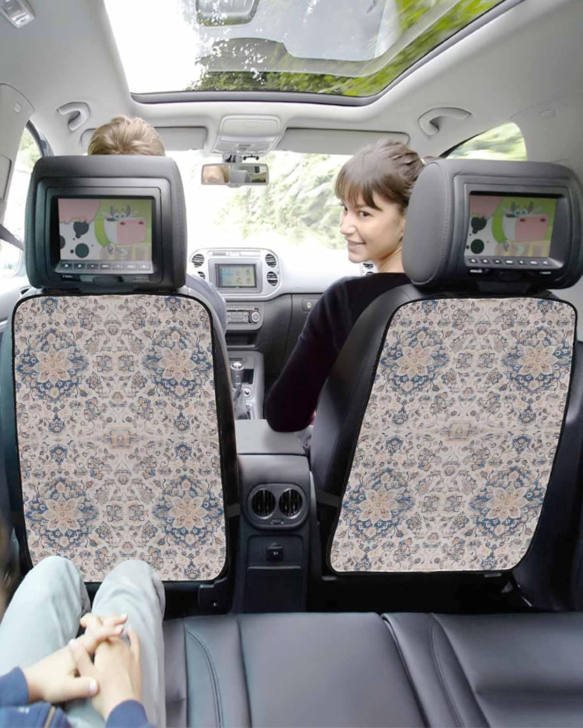 Car Seat Protector, 2 Pack Kick Mats Back Seat Protector Vintage Floral Retro Ethnic Style Blue Floral Pattern Waterproof Backseat Cover for Kids Universal Fit Automotive Interior Protectors