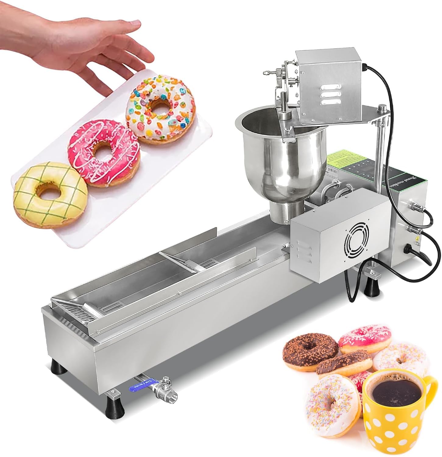 Máquina automática para hacer donas con tolva de 7 L, conteo automático, giro automático, temporizador, control de temperatura, potencia de 3000 W