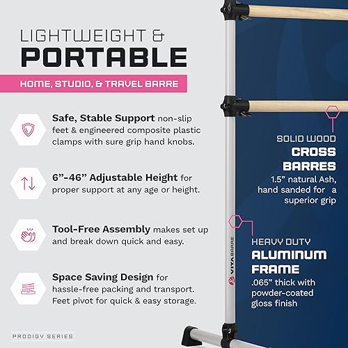 Miniatura 3 de VITA Barre - Barra de ballet doble portátil independiente, prodigy, con bolsa de transporte, altura ajustable, fabricada en Estados Unidos, equipo