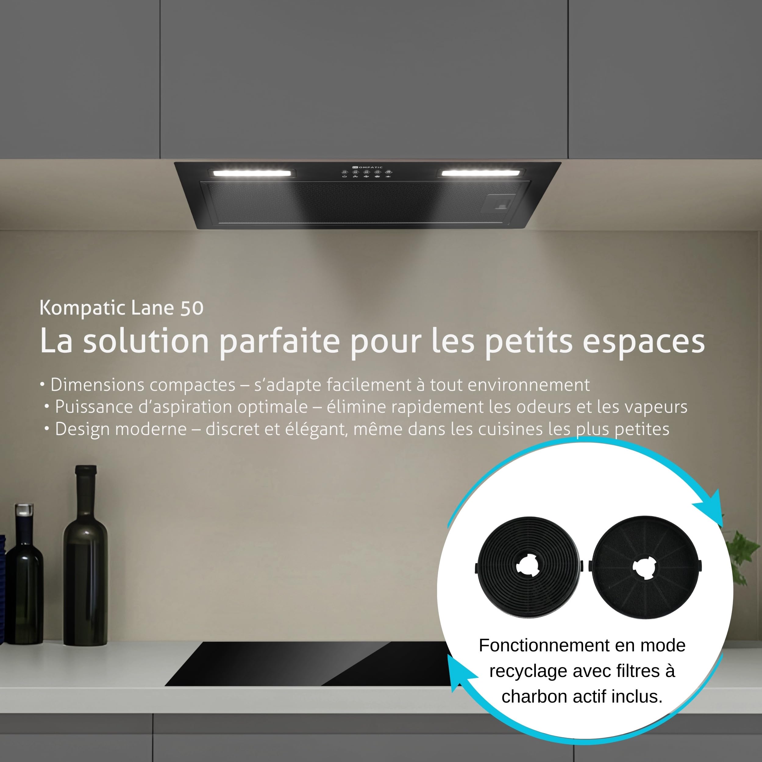 Kompatic Lane 50 KLN50BI Hotte Aspirante Encastrable 50cm, A+++, Filtres à Charbon inclus KCF4, Minuterie, Contrôle électronique, 450 m³/h, LED, 3 vitesses + boost, Evacuation/Recyclage, Noir - 2