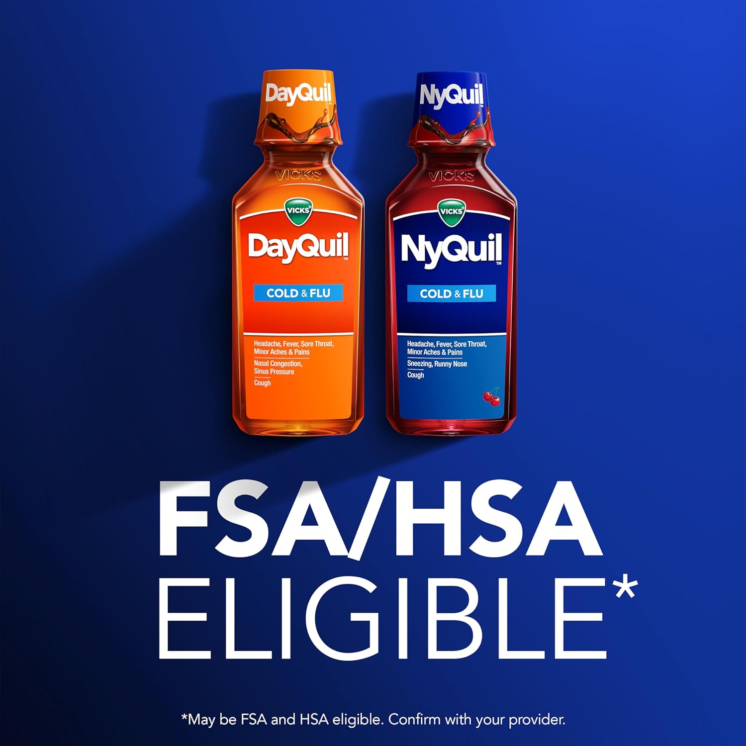 Vicks DayQuil and NyQuil Cherry Cold and Flu Relief Cherry-Flavored Liquid Medicine, Cherry Flavored, Combo Pack, 2 x 12 FL OZ Bottles