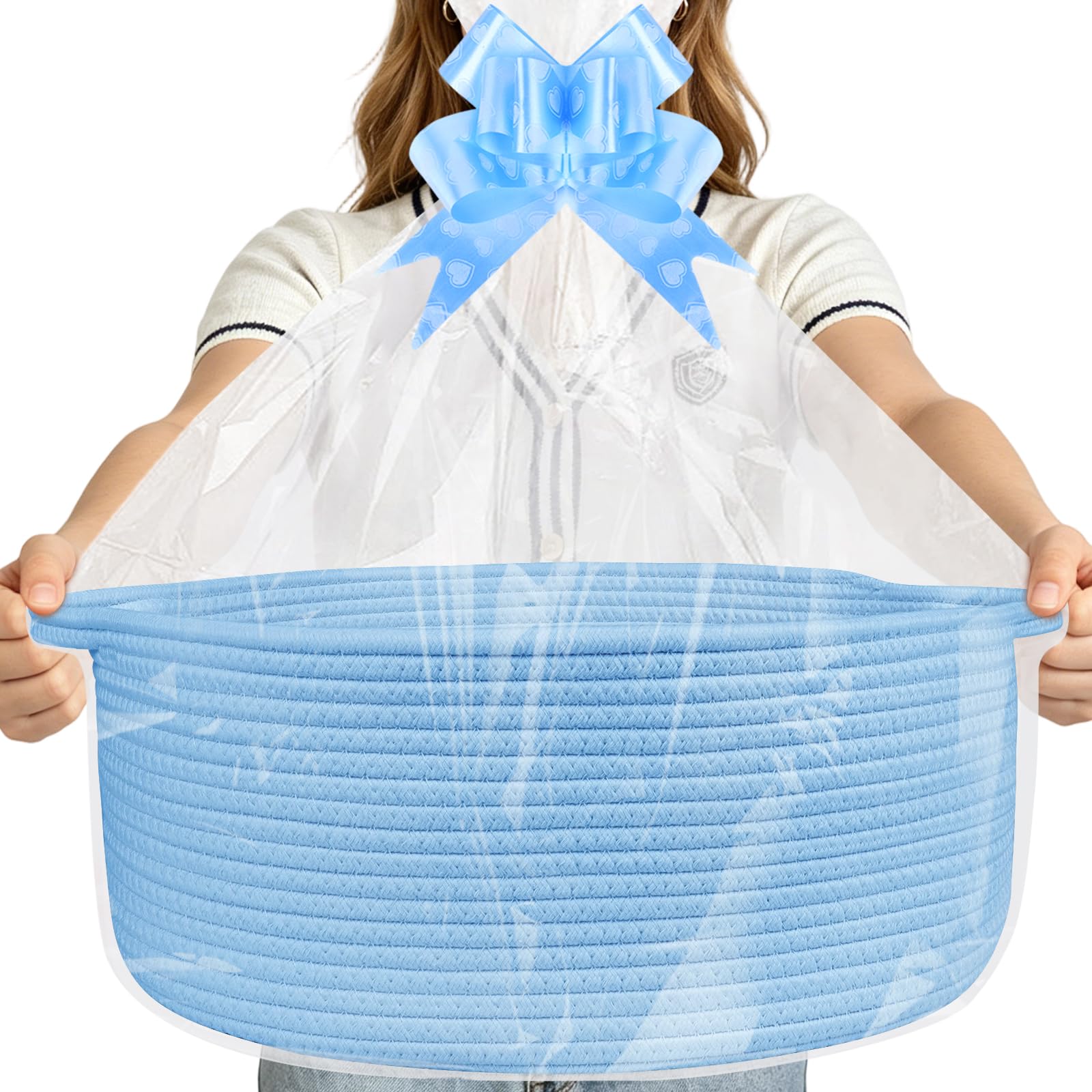 Lotvic 43x32x18cm Large Gift Basket, Hamper Kit, Empty Hamper Basket with Cellophane Bags and Pull Bows, Rope Gift Baskets with Handles, Woven Gift Baskets for Baby Shower, Wedding, Birthday (Blue)