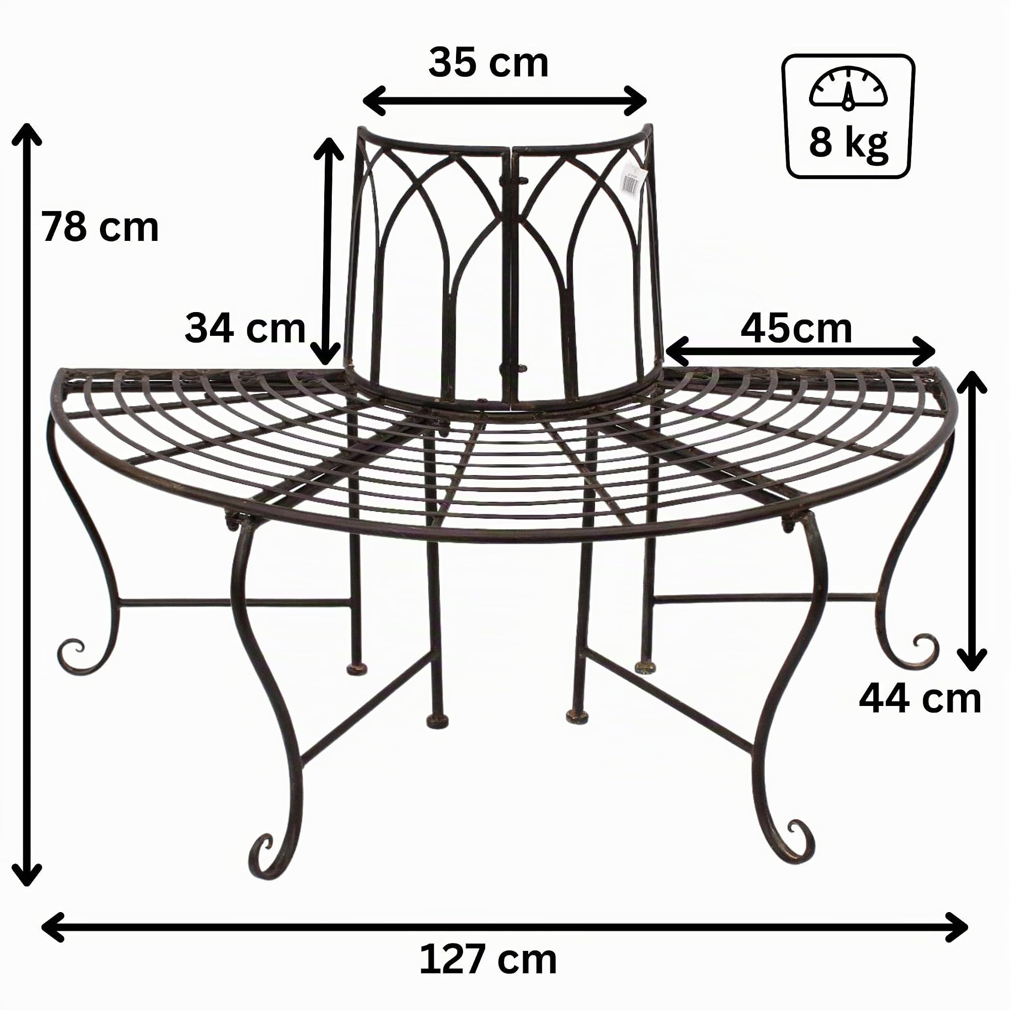 DanDiBo Baumbank Halbrund Metall Wetterfest Braun 127 cm 3 Sitzer 121071 Gartenbank mit Rückenlehne Rundbank Parkbank Bank Outdoor Sitzbank