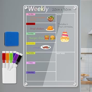 Clear Acrylic Meal Planner for Fridge, Magnetic Menu Board for Kitchen, Colorful Calendar Weekly Dry Erase Board for Refrigerator with 6 Magnet Markers & Eraser & Pen Holder 20x30cm