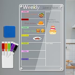 ZenBeya Clear Acrylic Meal Planner for Fridge, Magnetic Menu Board for Kitchen, Colorful Calendar Weekly Dry Erase Board for Refrigerator with 6 Magnet Markers & Eraser & Pen Holder (20x30cm)