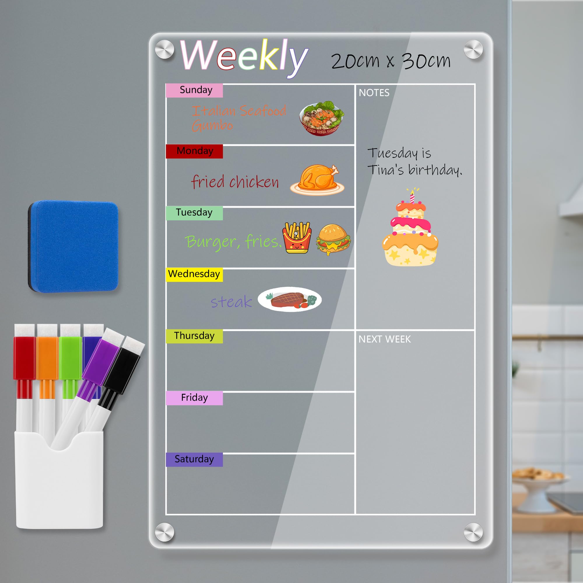 ZenBeya Clear Acrylic Meal Planner for Fridge, Magnetic Menu Board for Kitchen, Colorful Calendar Weekly Dry Erase Board for Refrigerator with 6 Magnet Markers & Eraser & Pen Holder (20x30cm)