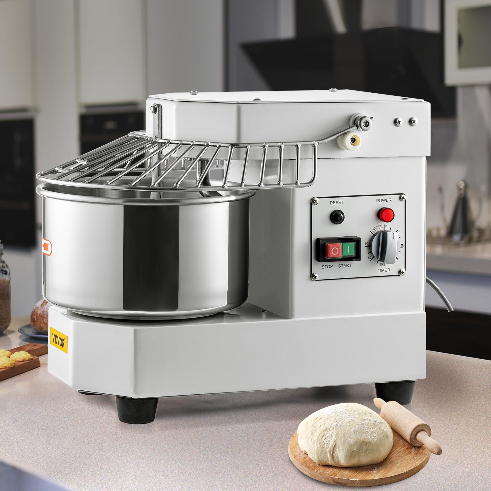 VEVOR Robot Pâtissier Commercial 8 L, Batteur Mélangeur 550 W Double Rotation, Mixeur à Pâte avec Bol en Inox Alimentaire, Bouclier de Sécurité et Minuterie, pour Restaurant, Boulangerie, Pâtisserie