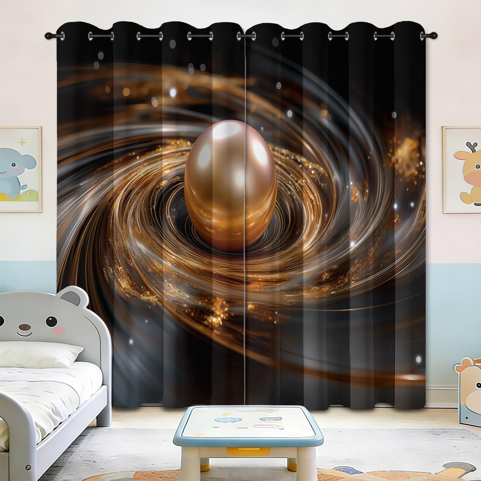 140 l x 160 cm Surrealistyczna zasłona z oczkami - złote spiralne koraliki