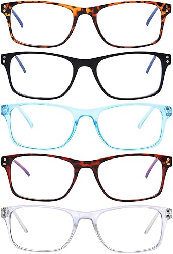 Paquete de 5 lentes de lectura con bloqueo de luz azul, para mujeres y hombres, lentes con bisagra de resorte y lectores de rayos UV (5 unidades de