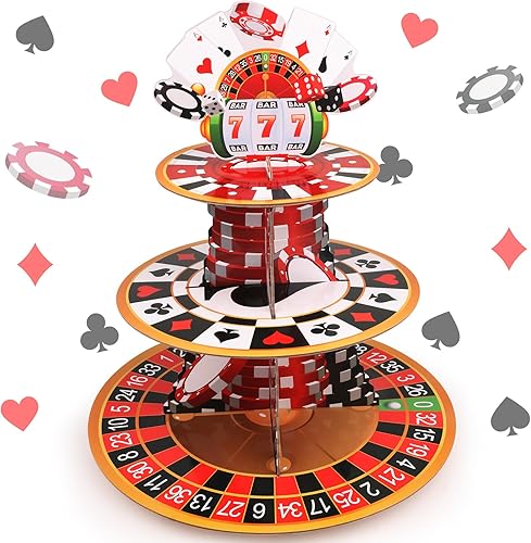 Hooqict Decoraciones de fiesta temática de casino de 3 niveles, soporte para cupcakes de casino de Las Vegas, torre de cartón con temática de póquer