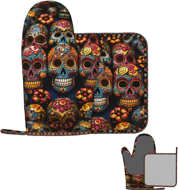 Oven Mitts and Pot Holders 2 pcs Heat Resistant Oven Glove Colorful Sugar Skulls Oven Mitt Non-Slip Oven Gloves for Cooking Kitchen Hot Pads for Grilling Microwave Baking BBQ