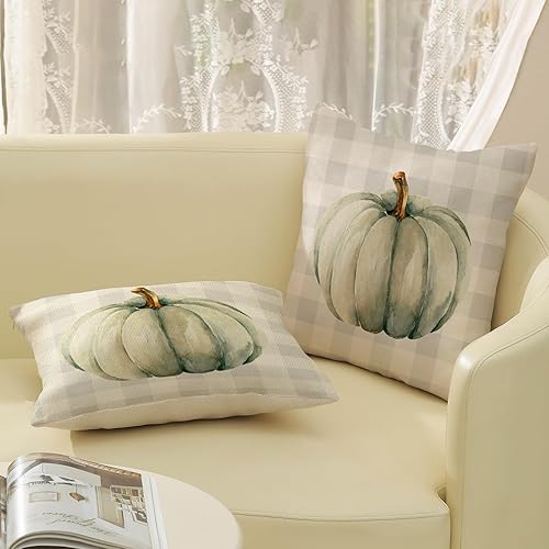 Miniatura 5 de Juego de 2 fundas de almohada de otoño de 18 x 18 pulgadas, color crema de calabaza y búfalo a cuadros, decoración de otoño, de lino, Acción de