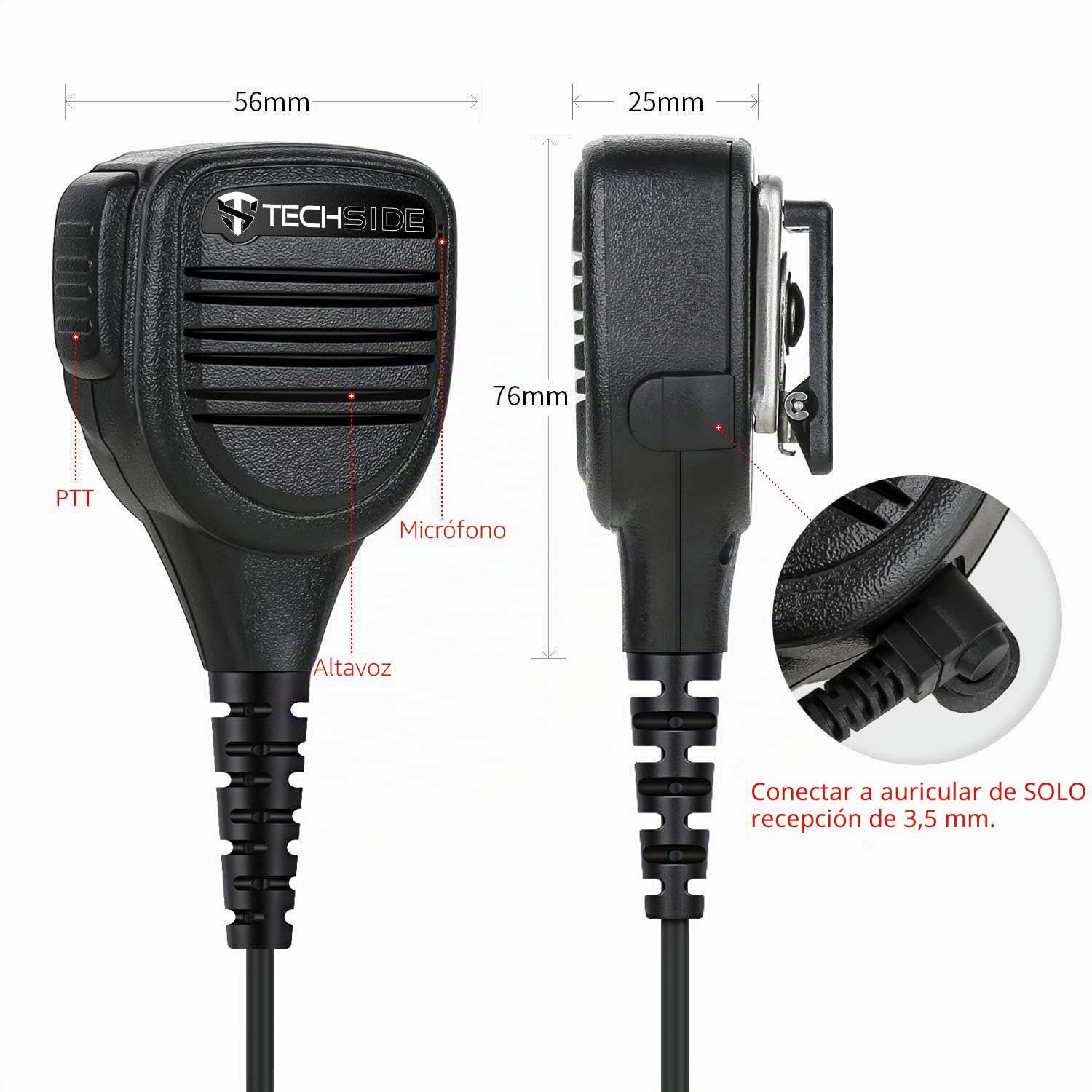 TechSide Micrófono Altavoz Impermeable IP54 con PTT para Baofeng UV 5R, Radio CB Midland Compatible con 2 Pin Kenwood G10 G11 Clip 360° Jack 3,5 mm – walkie Talkie Profesional
