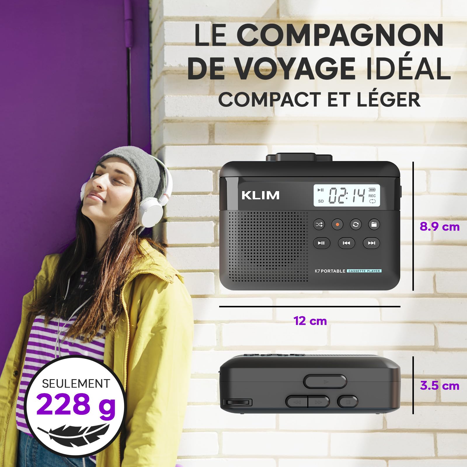 Cassette Player KLIM K7 avec écouteurs Fusion - Lecteur Cassette Audio - Convertisseur Audio en MP3 - Microphone et Haut-Parleur intégrés - Batterie Rechargeable - Ecouteurs - Carte SD 16GB - Noir