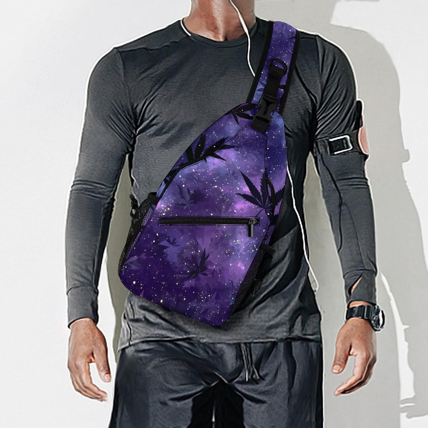 Galaxy Weed Leaf Men Crossbody Sling Backpack Chest Bag | Travel Fanny Pack,Hiking Daypack,Print Shoulder Bags