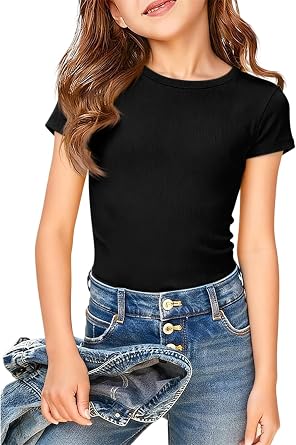 Girls Short Sleeve Tshirts Lightweight Kids Rib Knit Tops Summer Crewneck Tee Shirts 5-14 Years