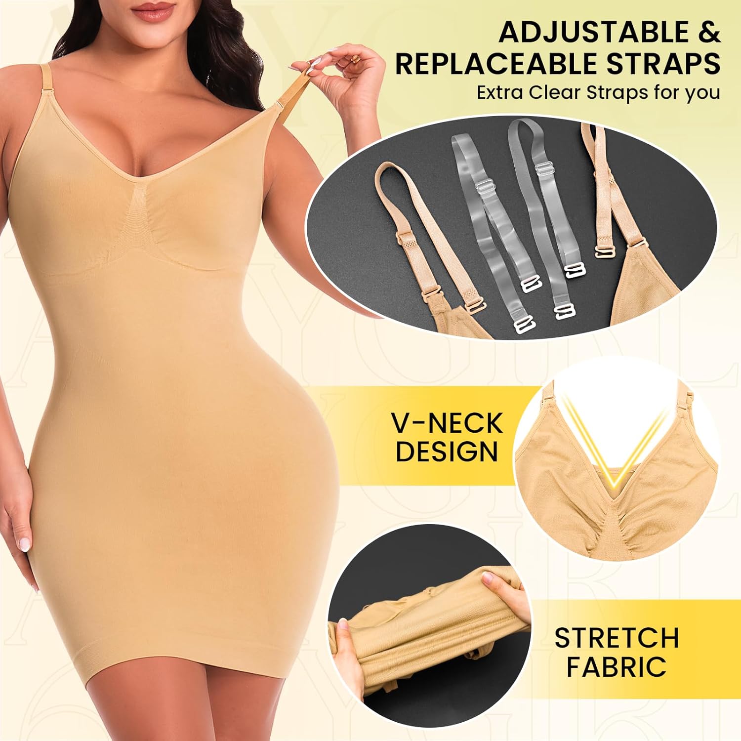 Anygirl Shapewear Slip for Under Dresses Tummy Control V Neck Body Shaper Seamless Full Slip Under Dress Cami Slips - Image 3