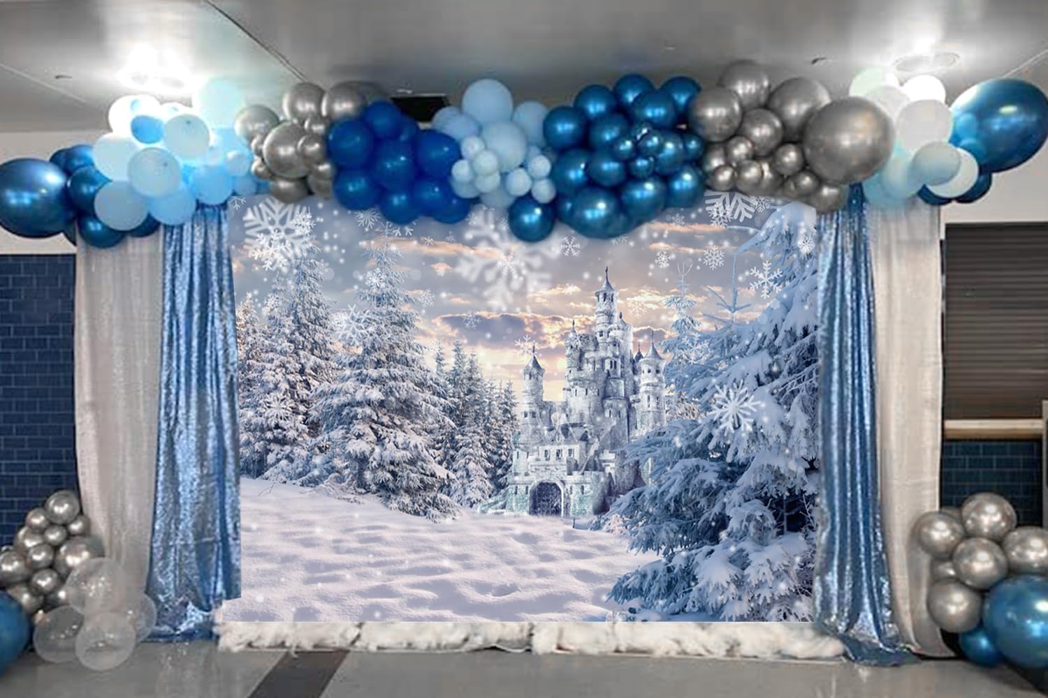 10x10ft Winter Wonderland Backdrop Snowy Forest Snowfield Castle Christmas Photo Background for Photography Snowflake Blue Ice Them Girls Princess Birthday Party Decorations