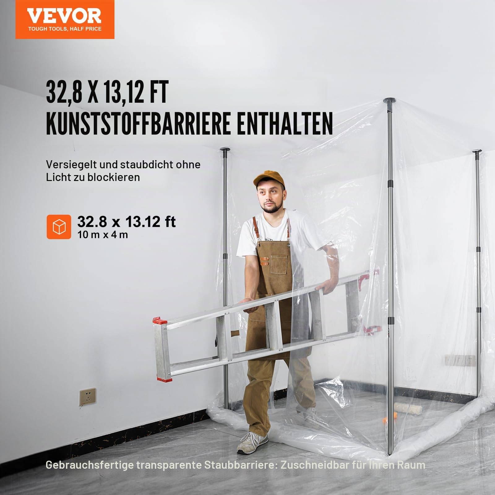 VEVOR Staubschutzstangen, Staubschutzsystem Staubschutzwand mit 4 Teleskopstangen & Tragetasche, 4 Höhenverstellbar Max. 3 m, 10 x 4 m Kunststofffolie, für Innendekoration und Malerarbeiten