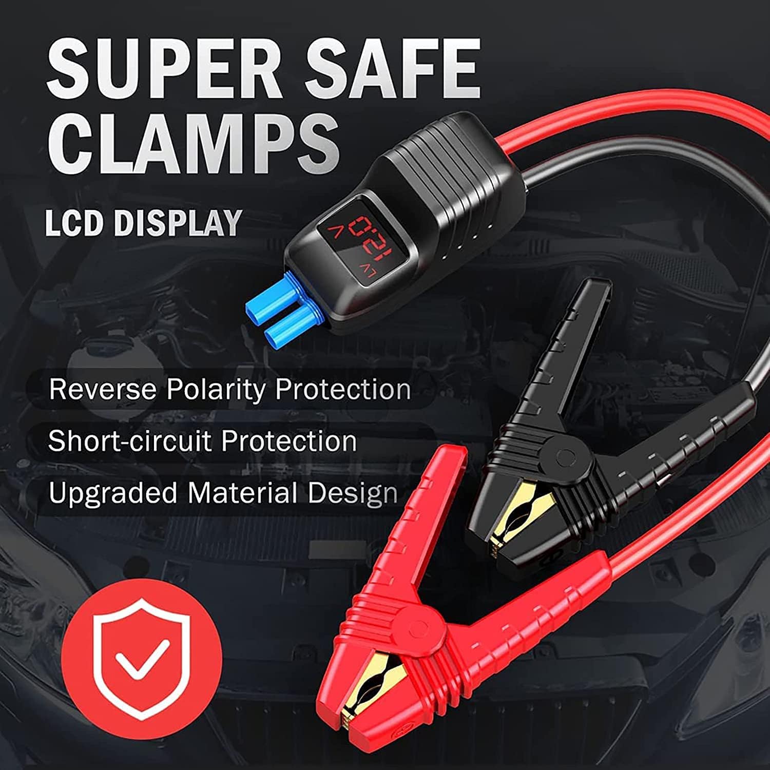 Close-up of DBPOWER Smart Jumper Clamps showing LCD display and protection features