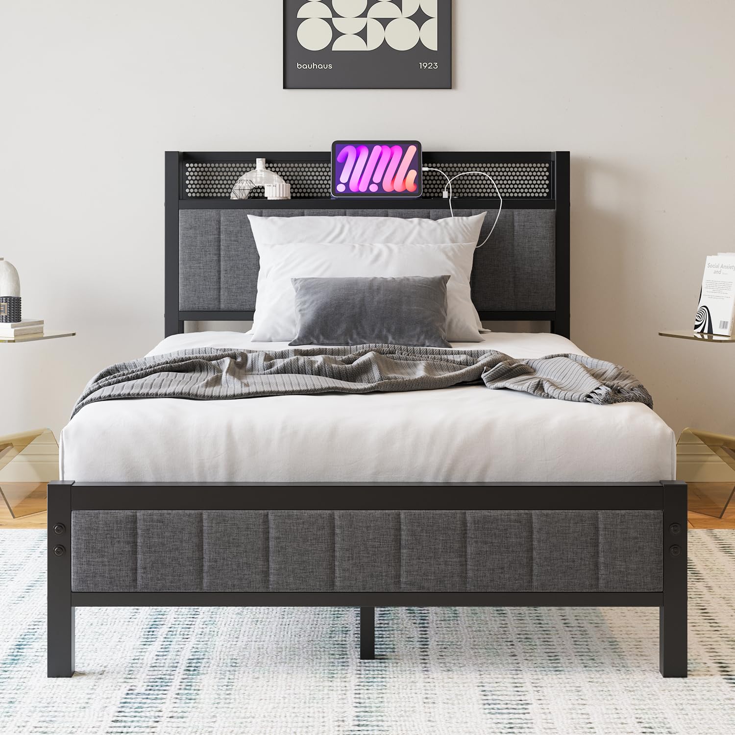 Struttura per letto matrimoniale/singolo con stazione di ricarica - Letto aggiuntivo in metallo - 120 x 200 cm - Per camera - Grigio