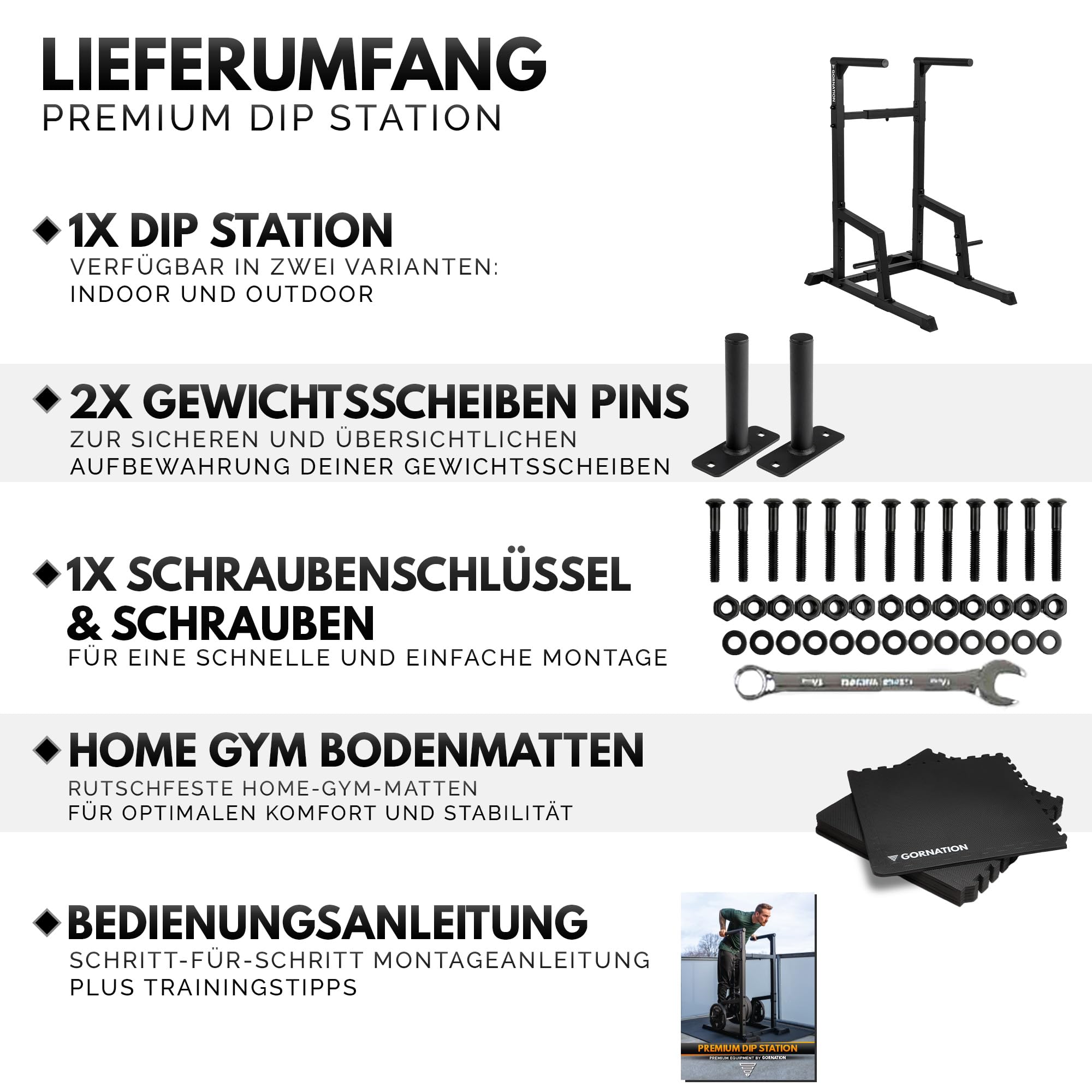 GORNATION Dip Station für Calisthenics & Homegym, Verstellbare Dip Barren Indoor & Outdoor, Freistehende Dip Bars für Dips, L-Sits, & Abs Training, Dipstangen