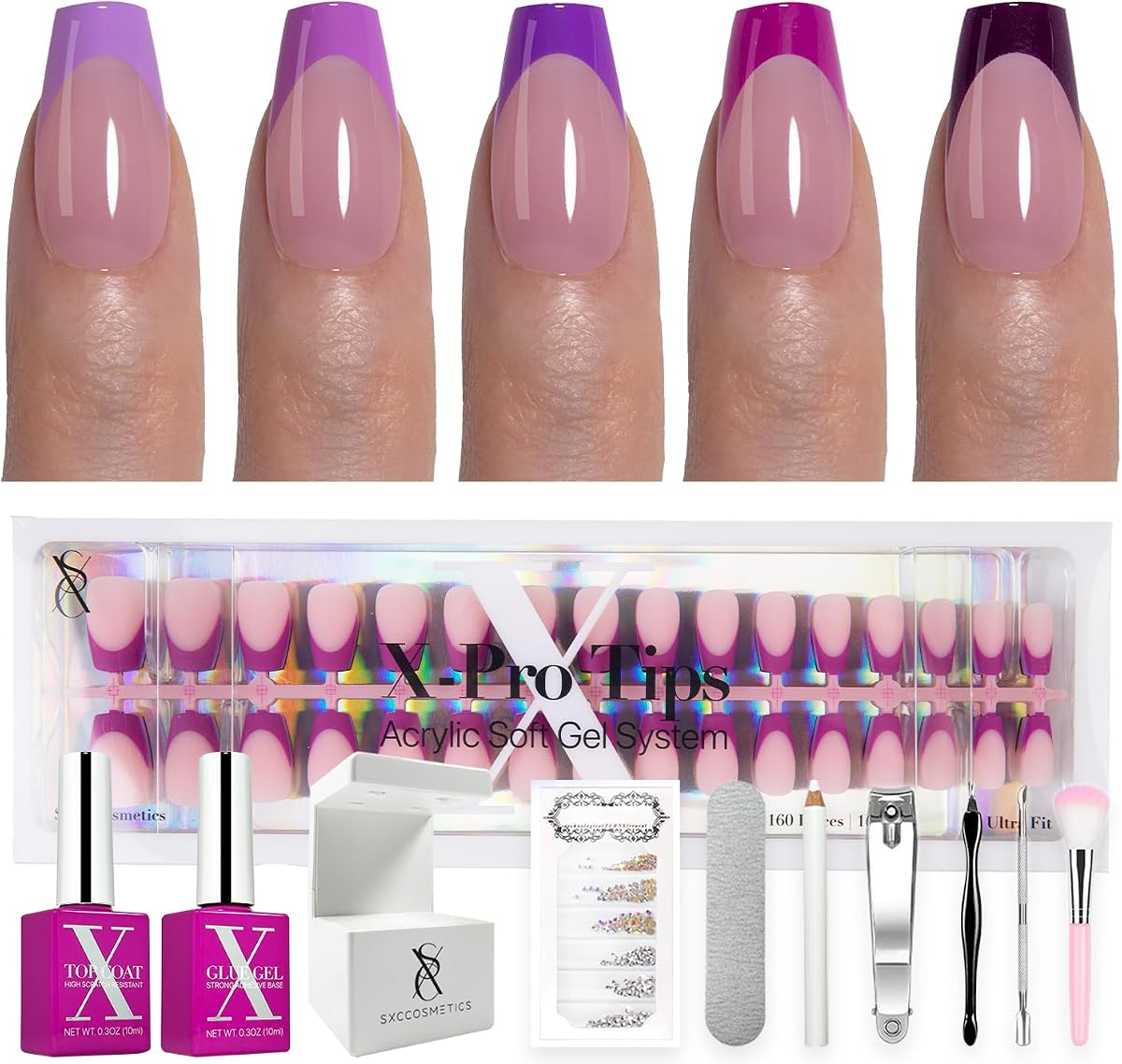 SXC Cosmetics French Tip Press On Nails – Purple Series, Short Coffin, X-Pro Tips Starter Kit | 160PCS, 16 Sizes, 5 Styles, Beginner-Friendly