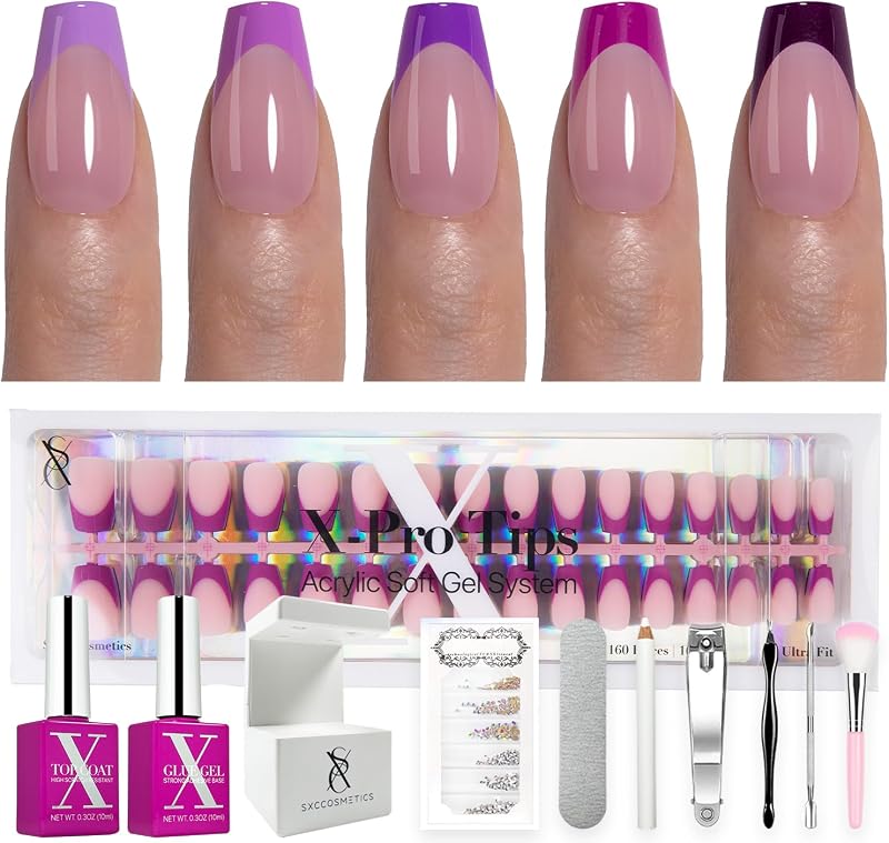 SXC Cosmetics French Tip Press On Nails – Purple Series, Short Coffin, X-Pro Tips Starter Kit | 160PCS, 16 Sizes, 5 Styles, Beginner-Friendly