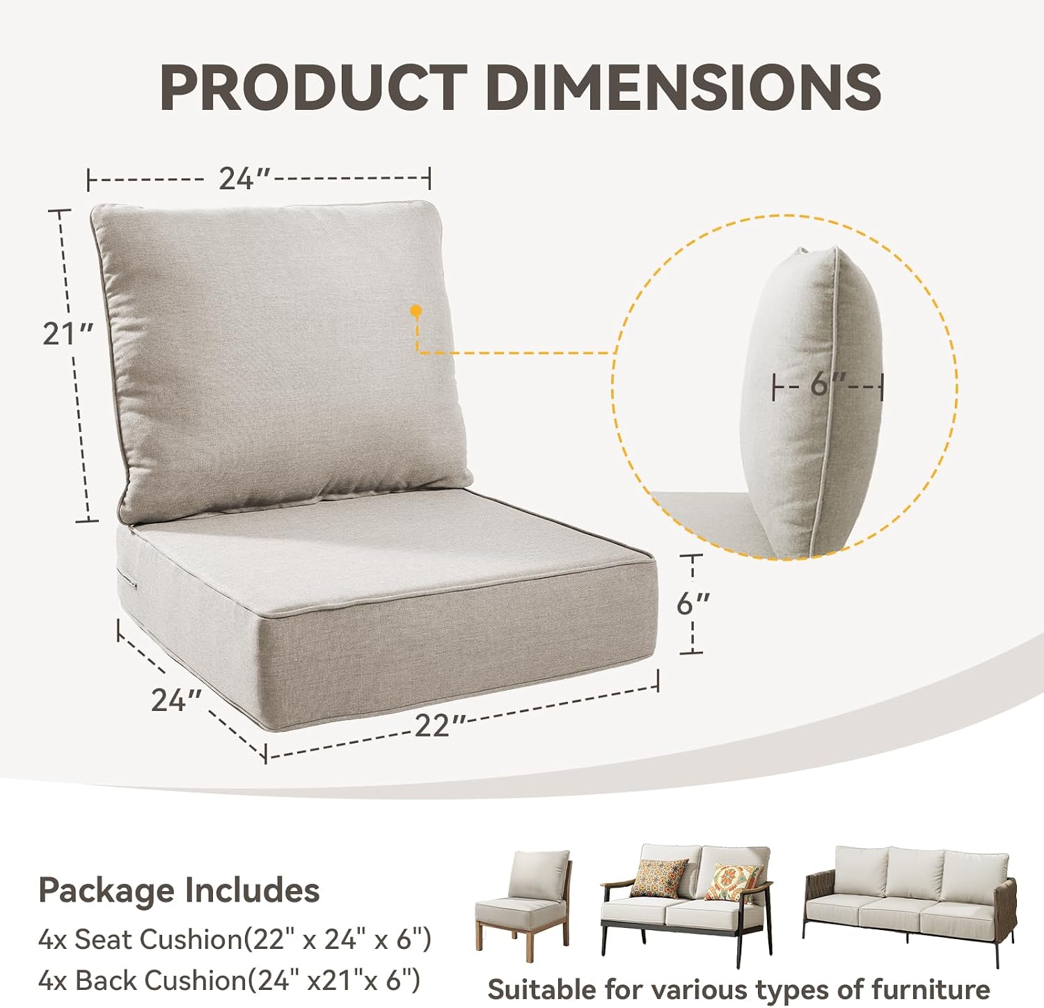 Outdoor Cushion Set for Furniture Patio Furniture, UV Resistant, Water Resistant - 6 Inch Thick Foam Garden Cushions– 22x24 Inch Patio Seat Covers for Chair/Sofa/Couch | Beige | 4-Pack |