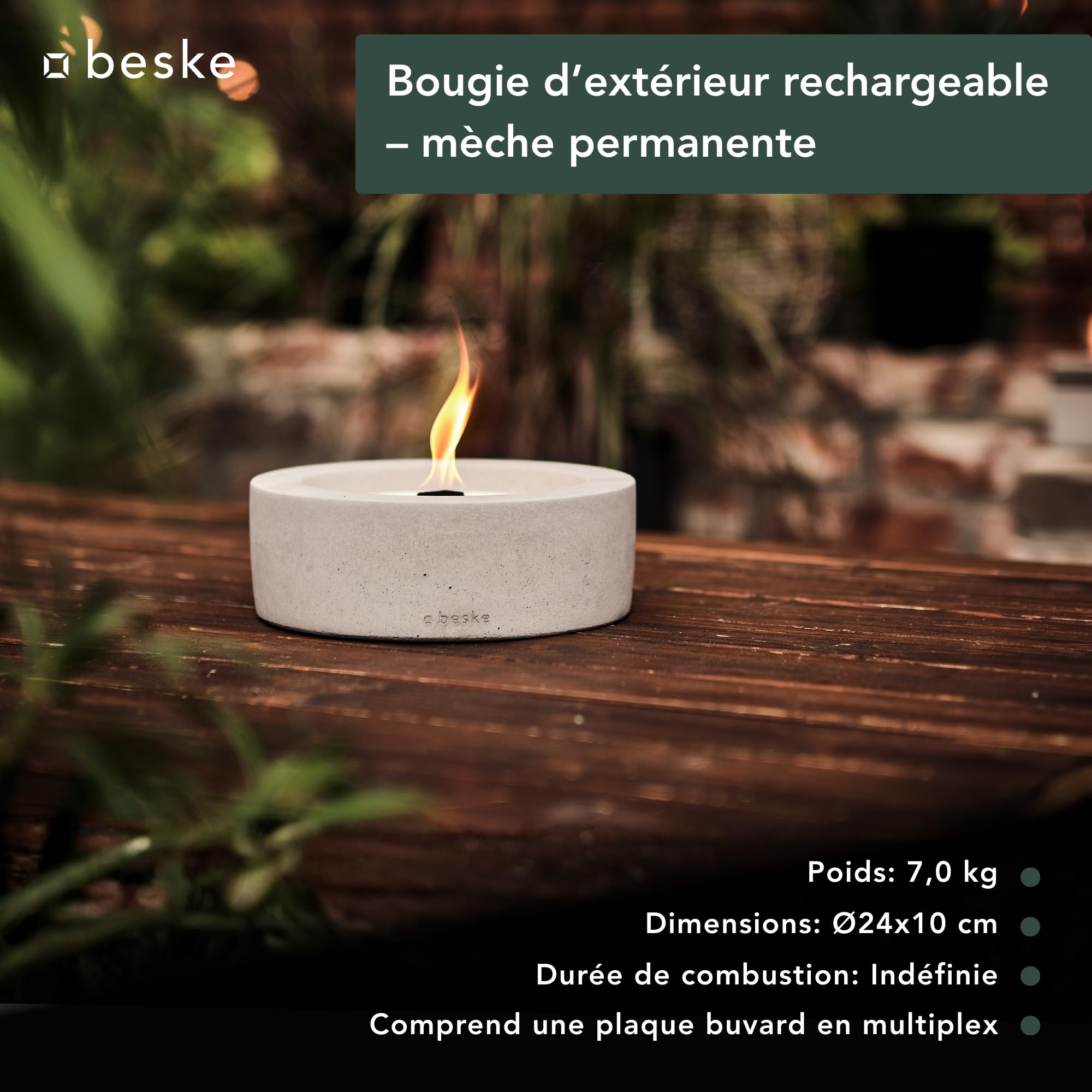 Brasero de table en béton | Modèle Taal (⌀24 cm) | Système de mèche permanente, durée illimitée | Pour jardin et terrasse | Fabriqué à la main en Allemagne
