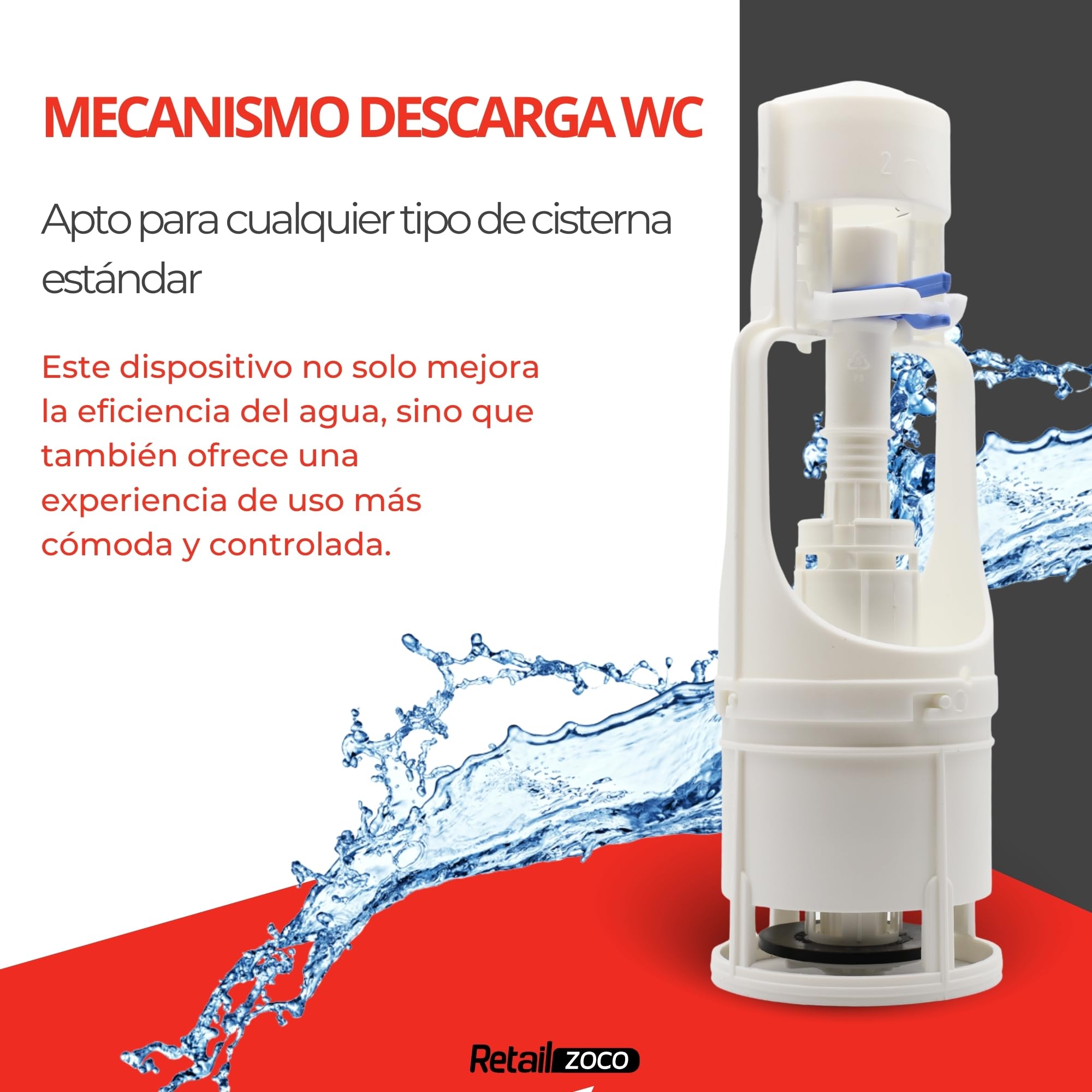 Mecanismo de descarga para WC, Válvula Descarga Inodoro, Descargador WC universal, Apto para cualquier tipo de cisterna estándar con pulsador de descarga interrumpible para ahorrar agua, interrumpible - imagen 2