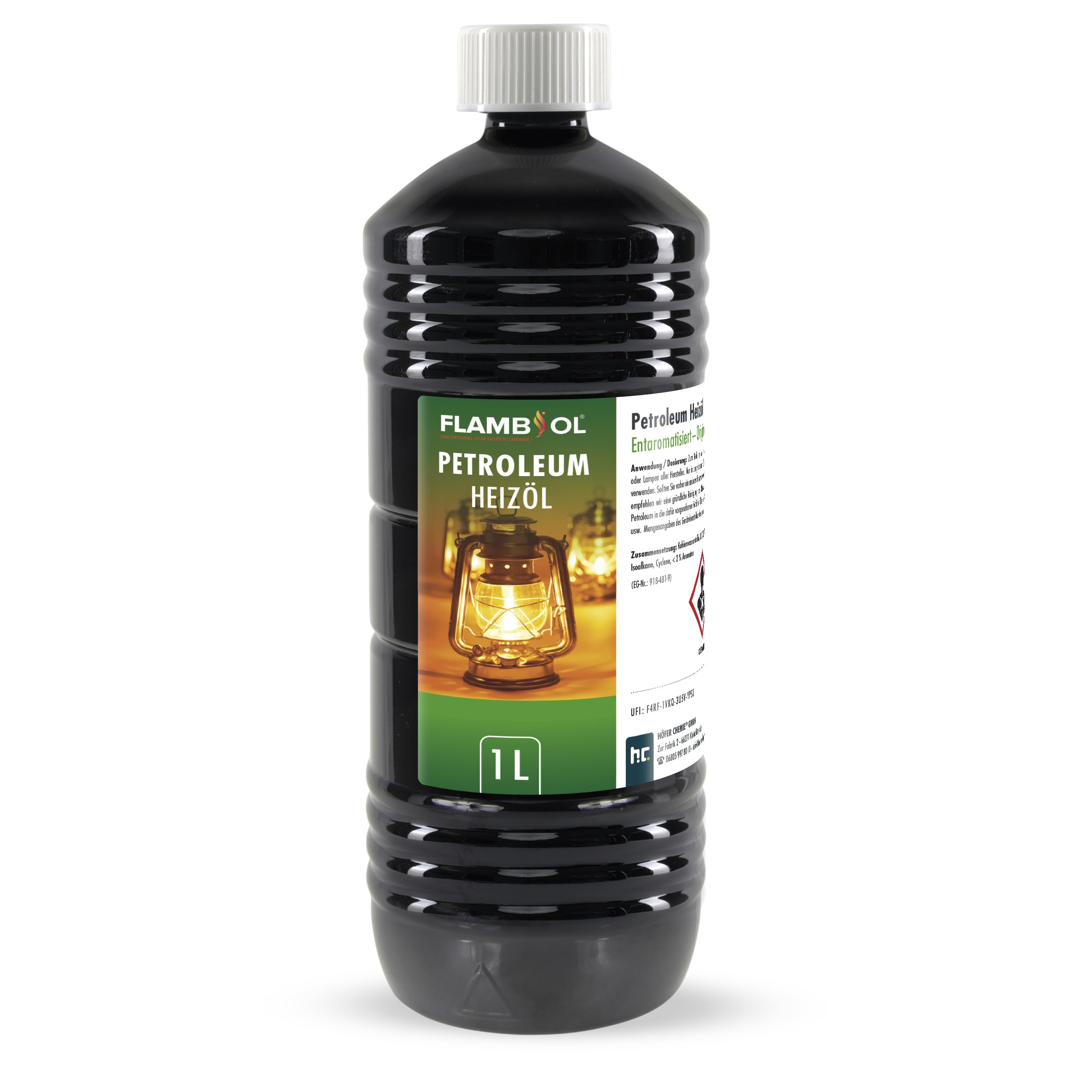 Höfer Chemie FLAMBIOL Gereinigtes Petroleum 6 x 1 L Heizöl - Entaromatisierte Qualität - Für Campingheizung, Petroleumlampe & Grillanzünder - Rußfreie Verbrennung