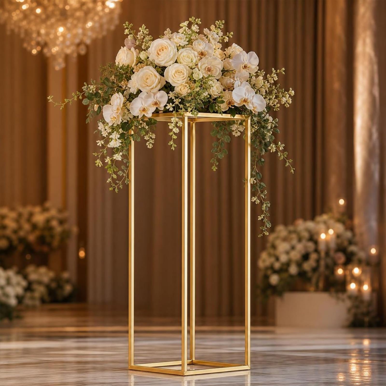 Wedding Decorative Frame Supporto Geometrico Stand Piedistallo Colonna in Finitura Oro per Centrotavola Floreali E Oggetti Espositivi Adatto per Matrimoni Cerimonie Eventi Ristoranti , 22 22 40 Cm