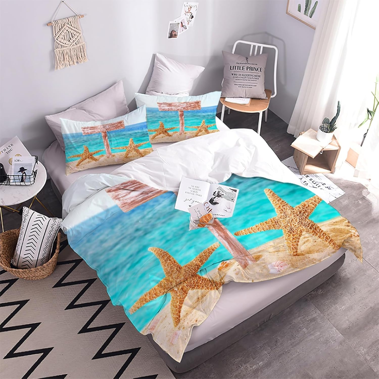 Plaża super king zestaw pościeli z nadrukiem 3D rozgwiazda miękka szczotkowana mikrofibra poszewka na kołdrę 260 x 220 cm z zamkiem błyskawicznym dla nastolatków i dorosłych z 2 poszewkami na poduszki