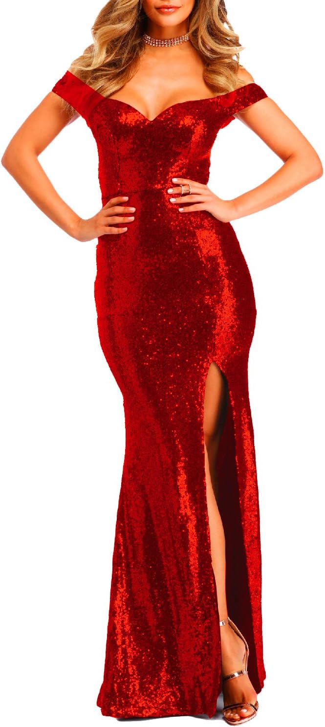 Women's Off Shoulder Sequins Evening Dress Split Mermaid Prom Gown Ypm464